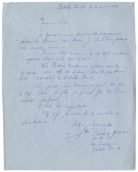 Patrice Lumumba Autograph Letter Signed Shortly Before His Brief Tenure as Congolese Prime Minster & Subsequent Execution -- With 13 Press Photographs From 1960